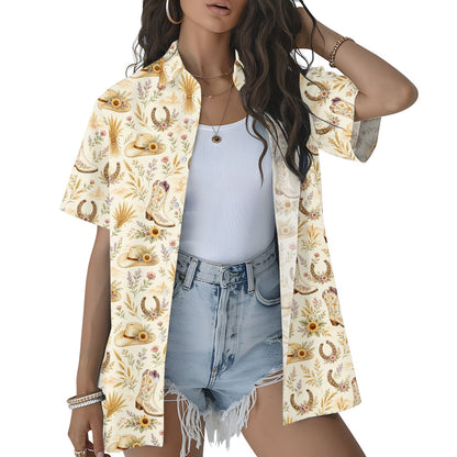 Beige western cowgirl hawaiian shirt featuring boots and sunflowers, main view