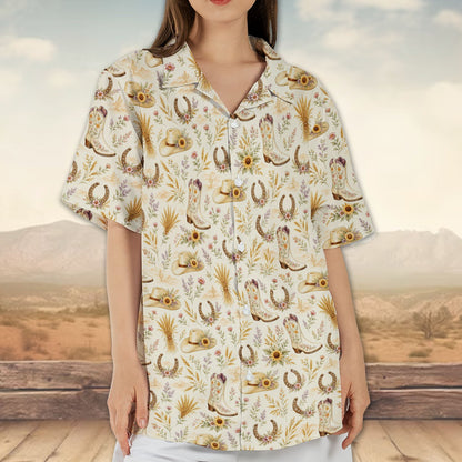 Lifestyle shot highlighting the cowgirl boot and sunflower design