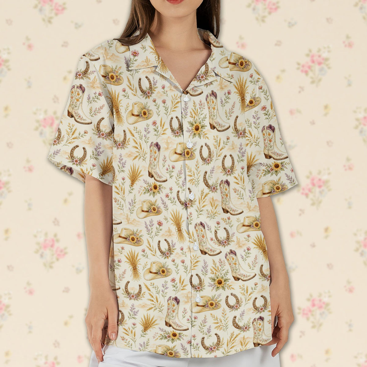 Final lifestyle view of the western cowgirl hawaiian shirt