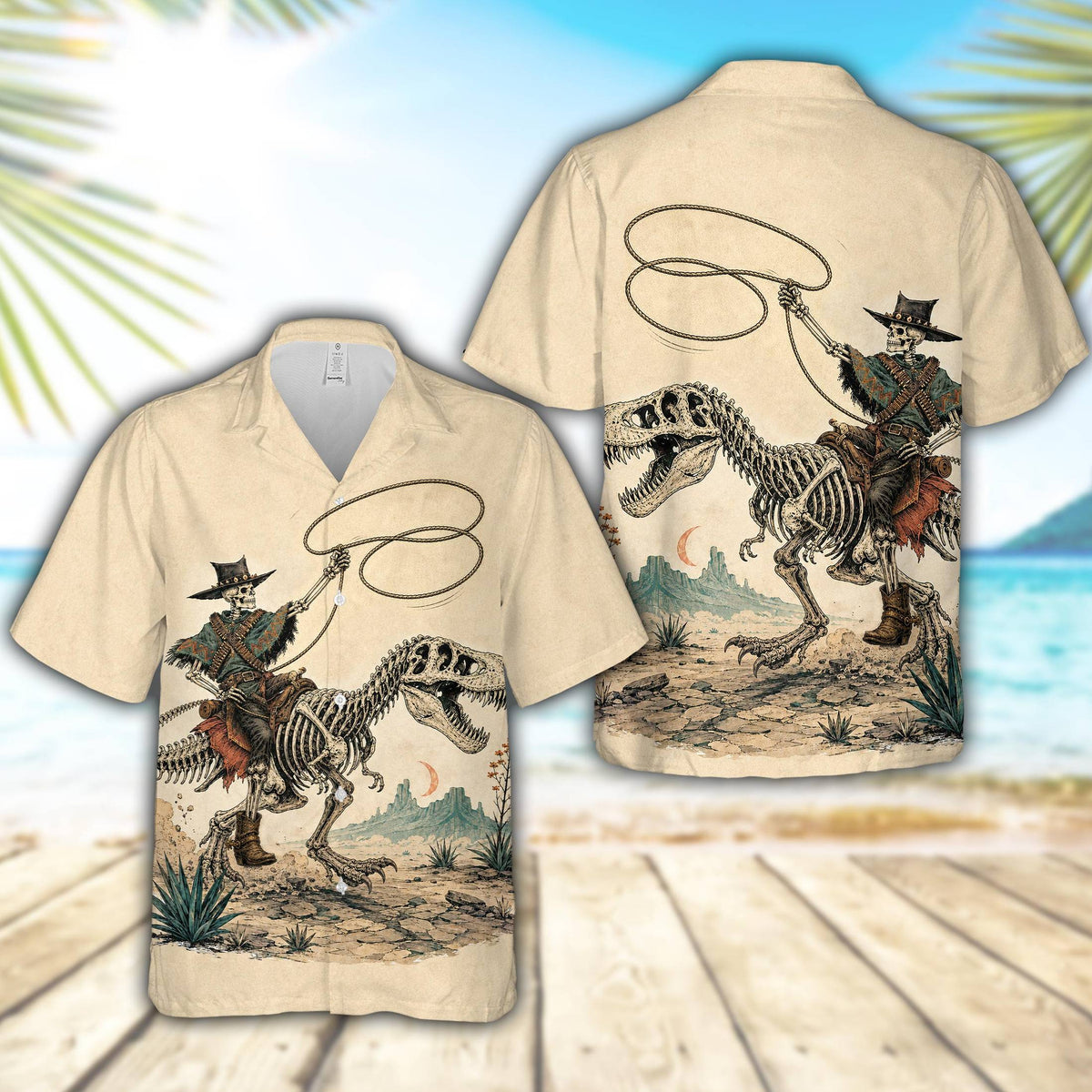 Front view of the western dinosaur hawaiian shirt featuring a desert scene and crescent moon
