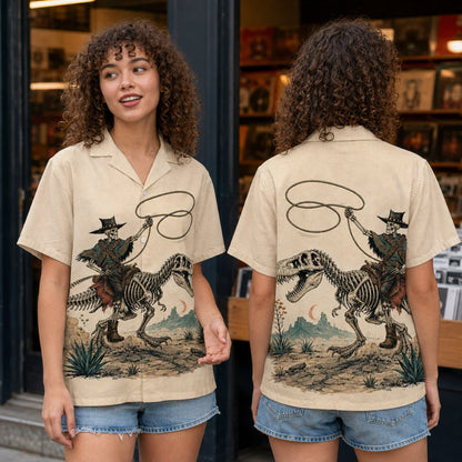 Lifestyle view of matching family hawaiian shirts in the western dinosaur skeleton design