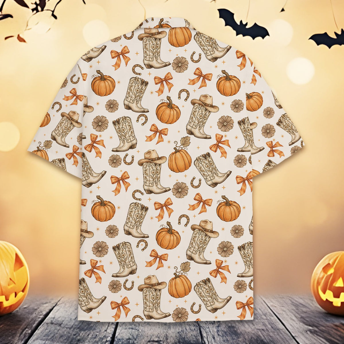 Close up back view of the cream, orange, and brown fall patterned shirt