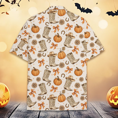 Close up back view of the cream, orange, and brown fall patterned shirt