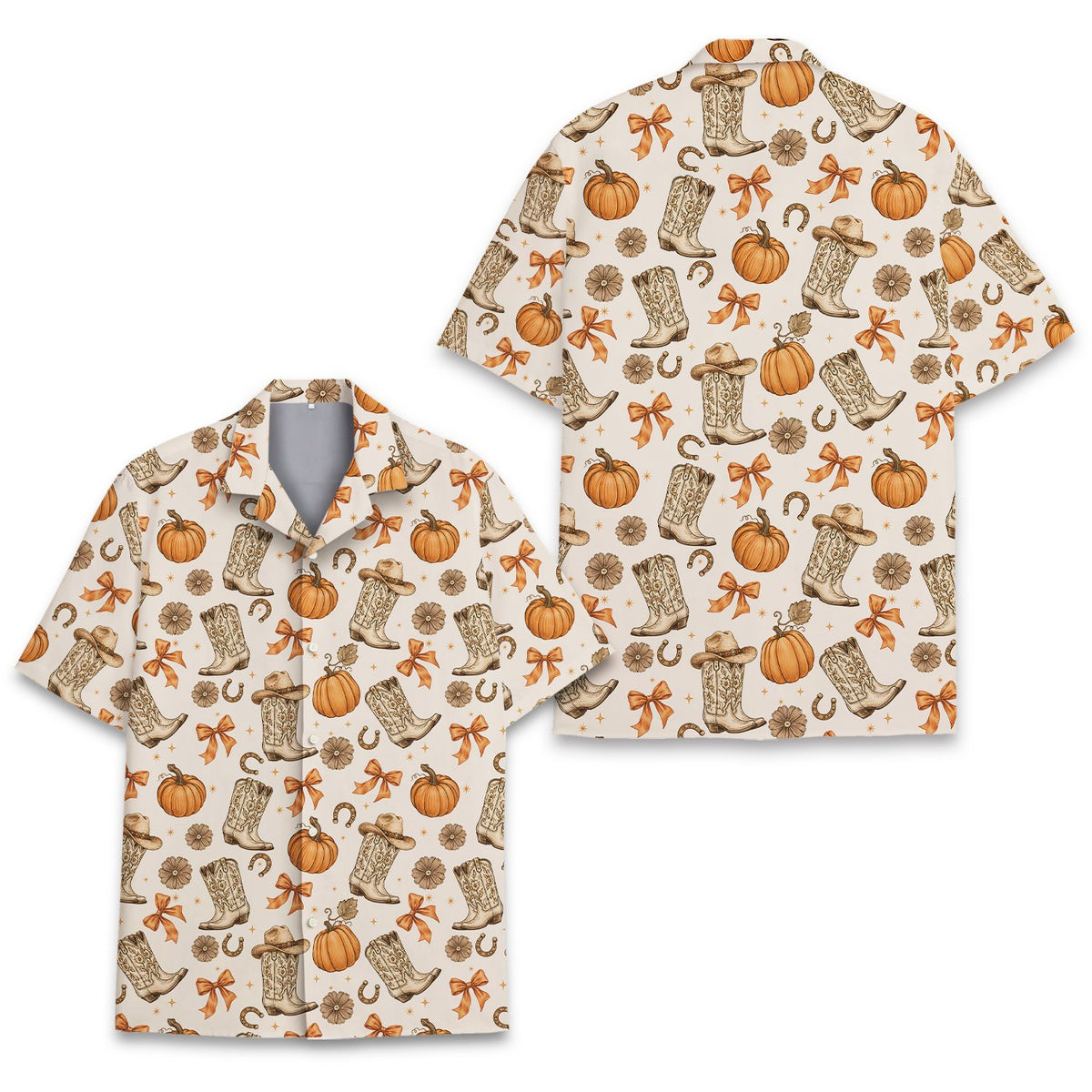 Close up front view of the western fall hawaiian shirt showing pumpkin details