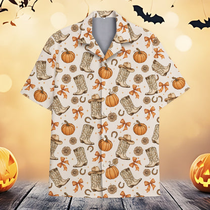 Front view of the matching family hawaiian shirt in a western fall theme