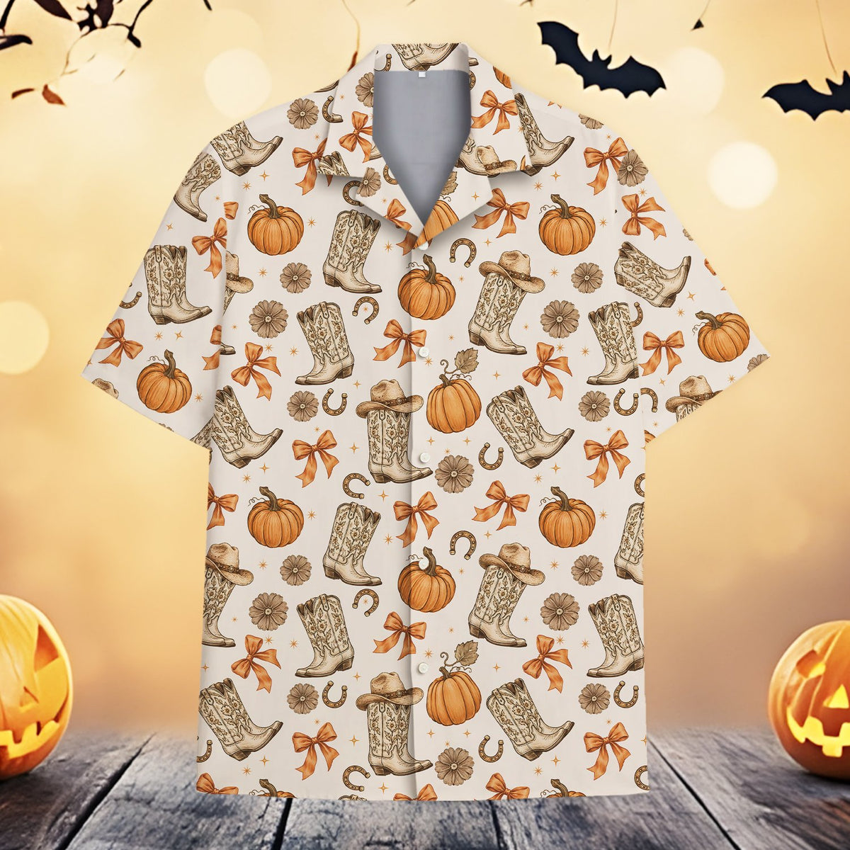 Long sleeve western hawaiian shirt featuring pumpkins and cowboy boots on a cream background