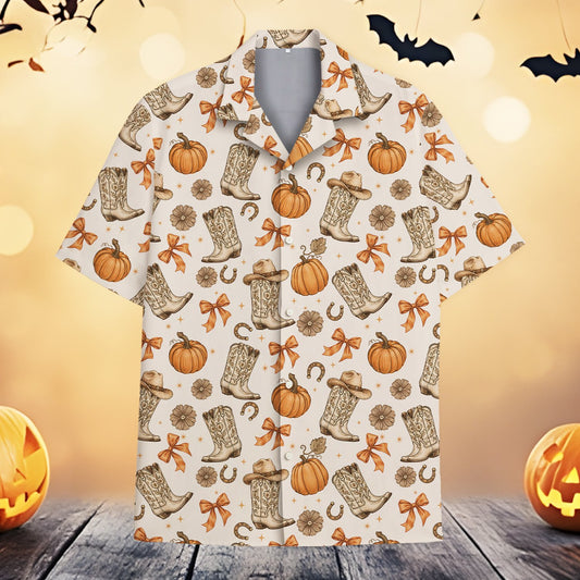 Long sleeve western hawaiian shirt featuring pumpkins and cowboy boots on a cream background