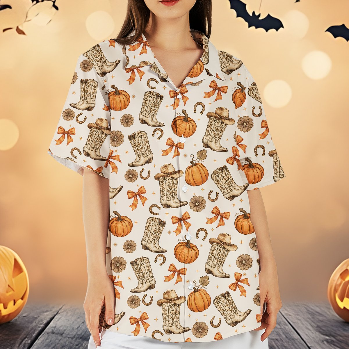 Second lifestyle shot showing the halloween hawaiian shirt in an autumn setting