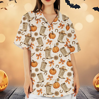 Second lifestyle shot showing the halloween hawaiian shirt in an autumn setting