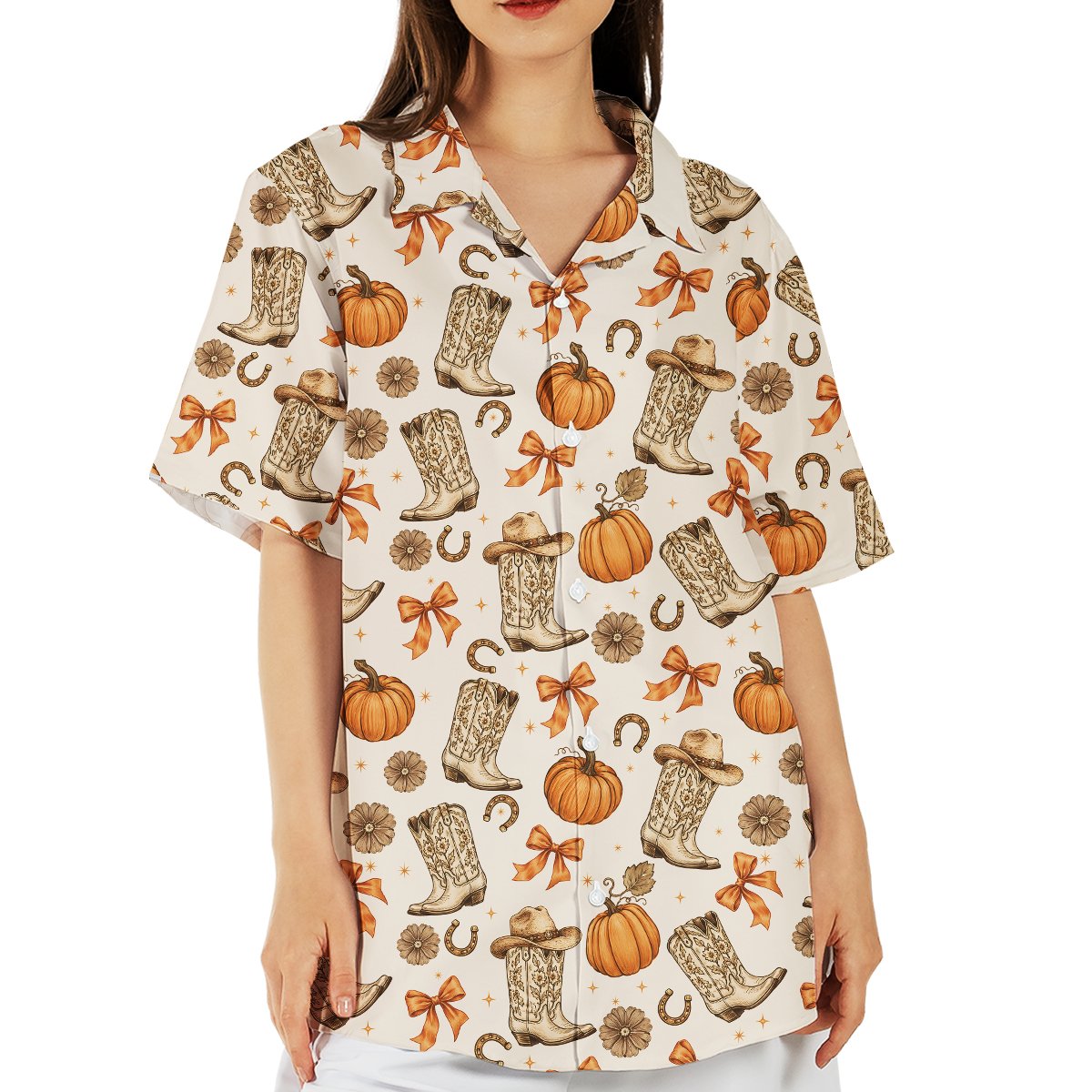 Lifestyle view of a person wearing the western fall matching family hawaiian shirt outdoors