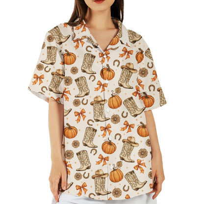 Lifestyle view of a person wearing the western fall matching family hawaiian shirt outdoors