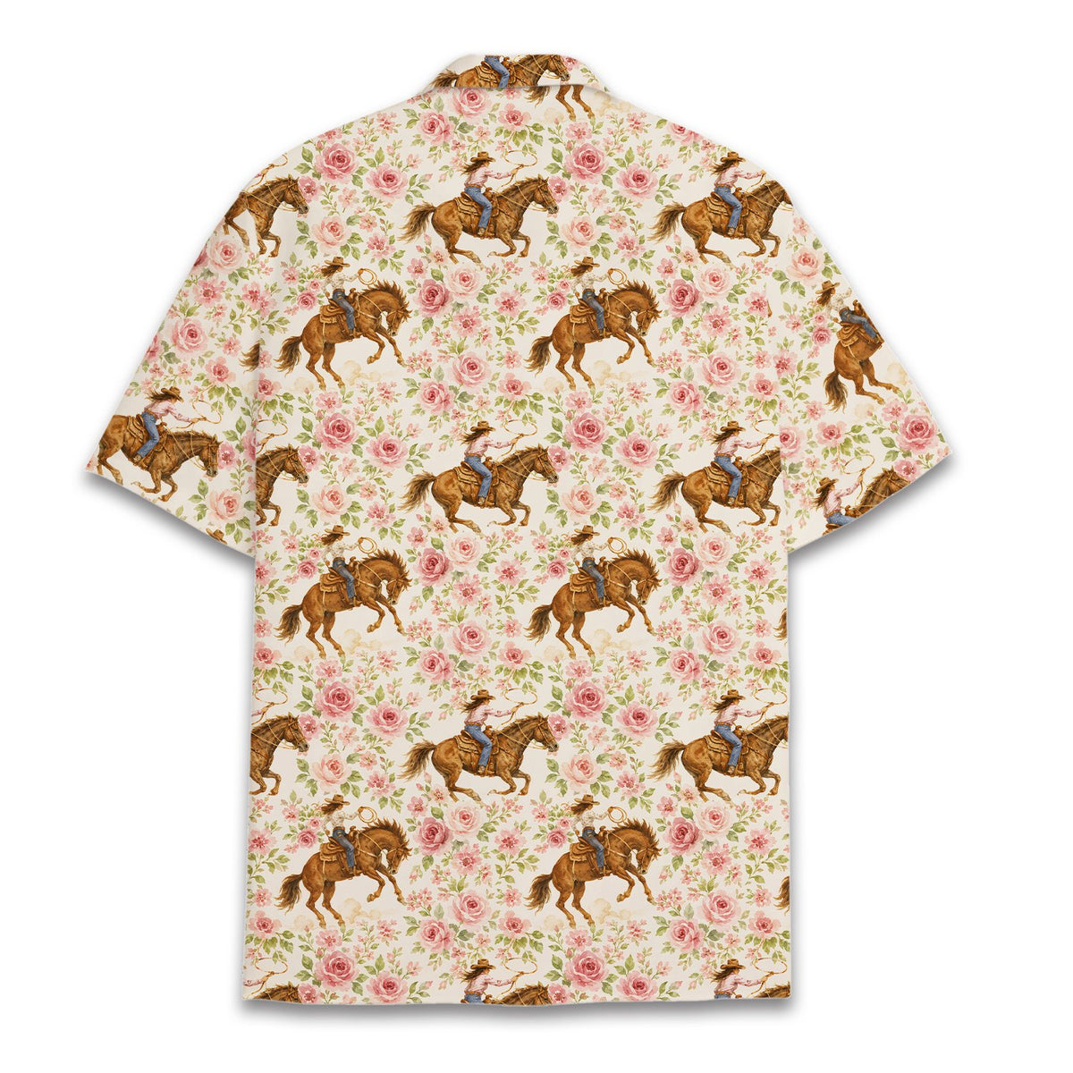 Back view of the western floral hawaiian shirt with repeating cowgirl and horse print