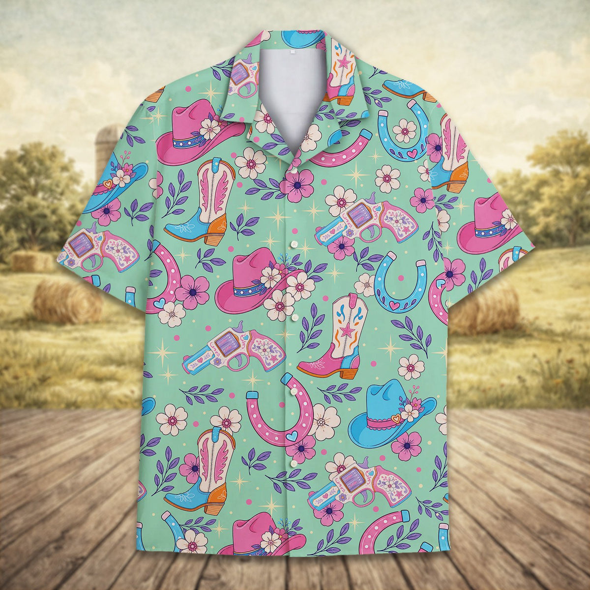 Detailed front view of the mint green western floral shirt