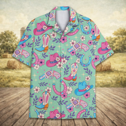 Detailed front view of the mint green western floral shirt