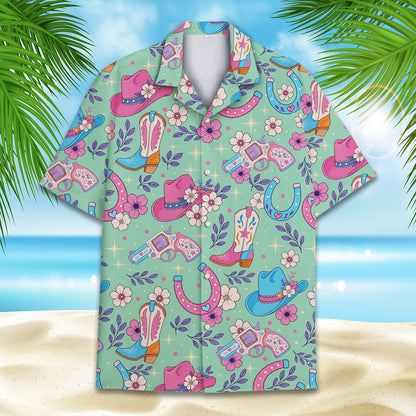 Close-up front design of the cowboy and floral hawaiian shirt
