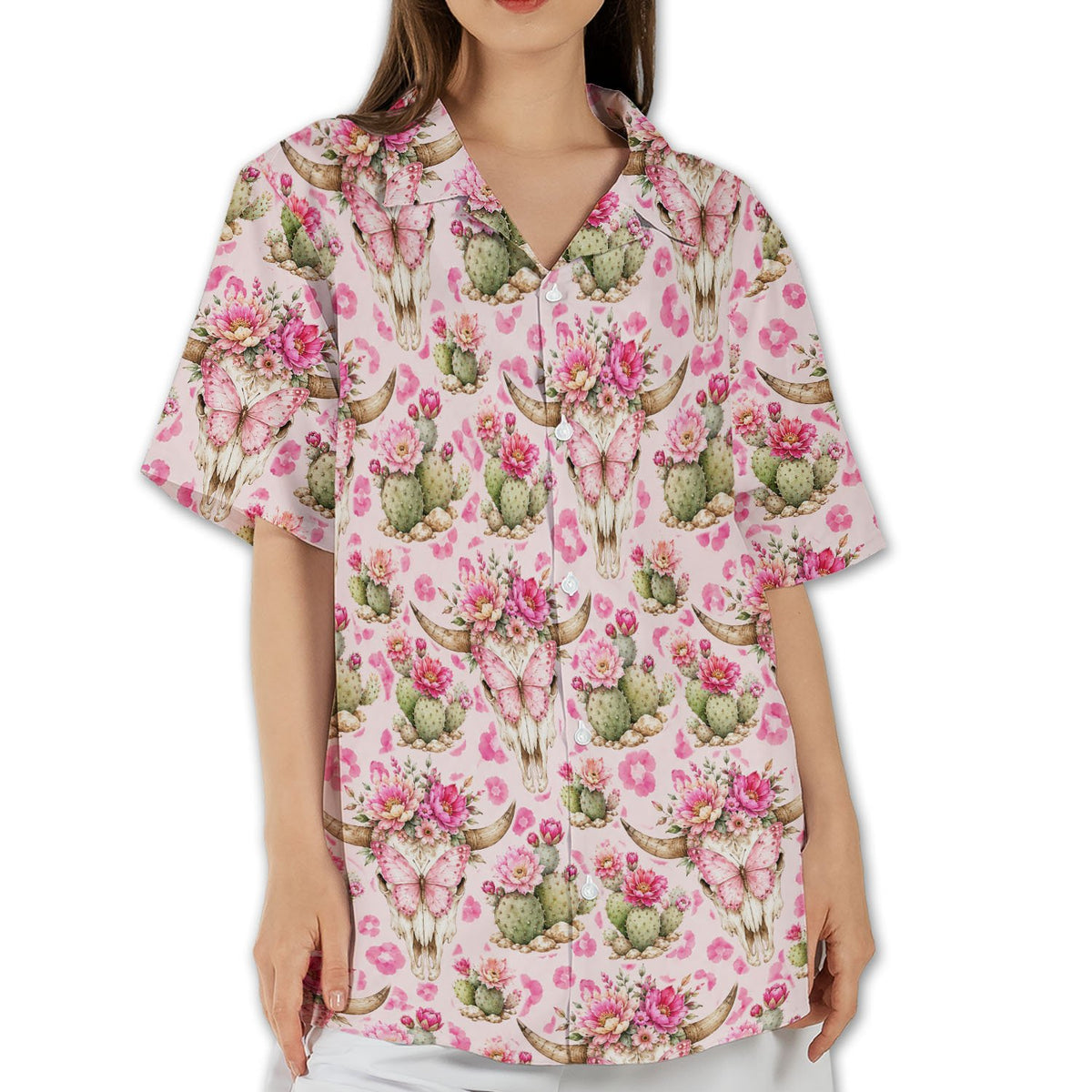 Detailed view of the pink western hawaiian shirt collar and print