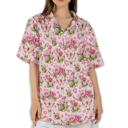 Detailed view of the pink western hawaiian shirt collar and print