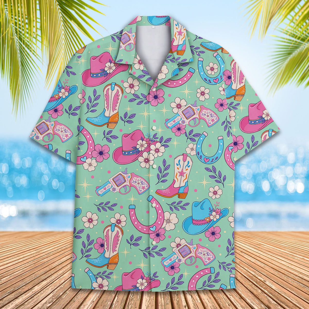 Flat lay front view of the western floral hawaiian shirt