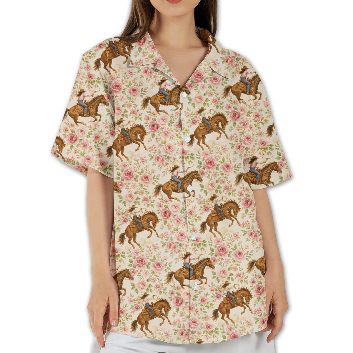 Main view of the western floral hawaiian shirt with cowgirl and pink rose pattern