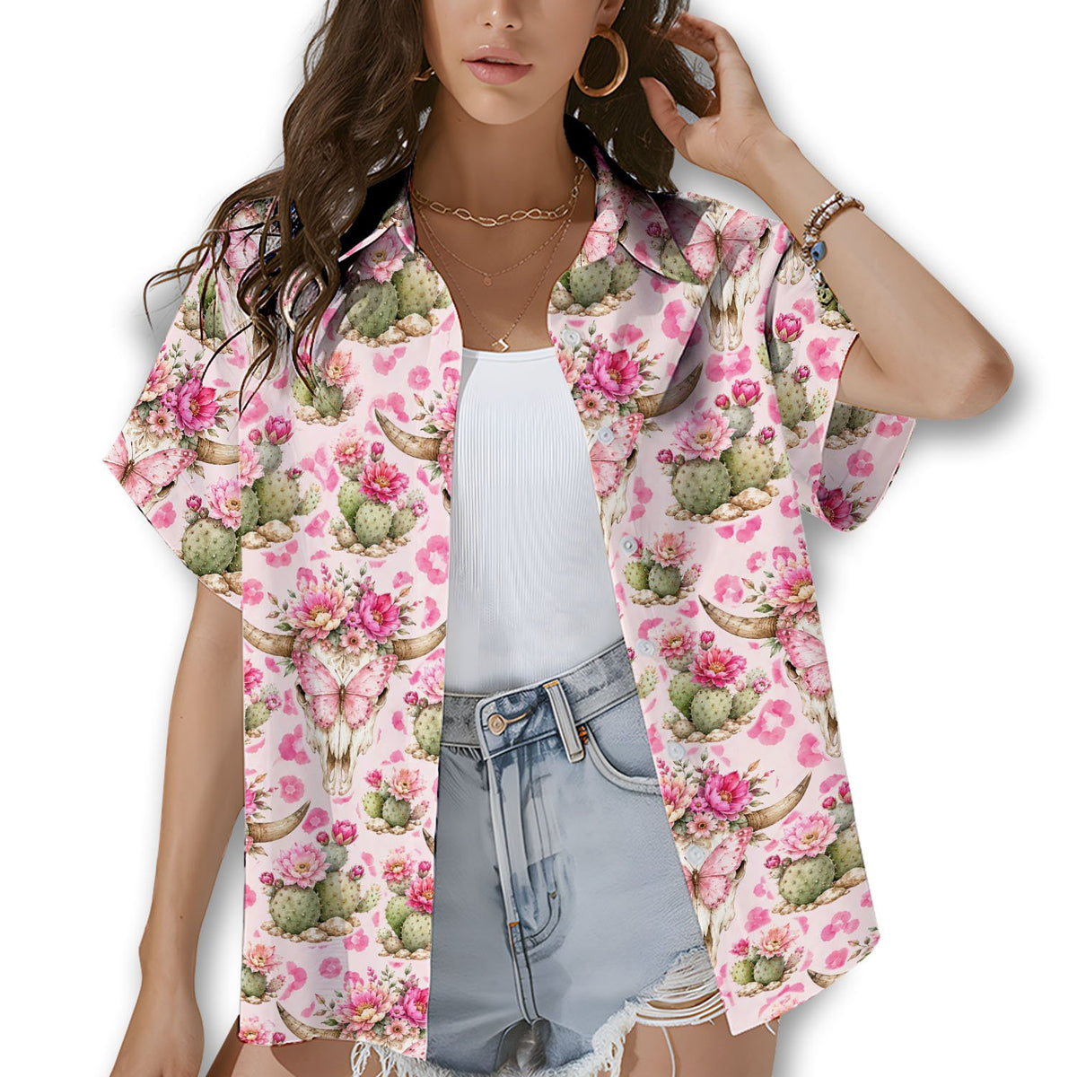Pink western hawaiian shirt with floral skull design, front view