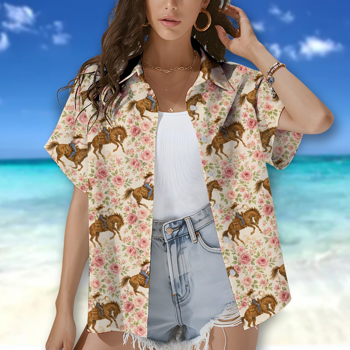Second lifestyle image showing the western floral hawaiian shirt in a natural setting
