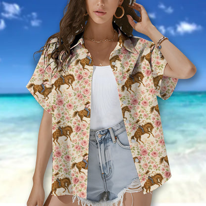 Second lifestyle image showing the western floral hawaiian shirt in a natural setting