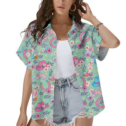 Third lifestyle view showcasing the green western hawaiian shirt