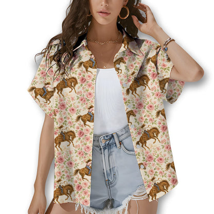 Third lifestyle view highlighting the pink roses and cowgirl design on the shirt