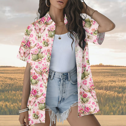 People wearing matching family hawaiian shirts in soft pink