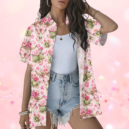 Outdoor lifestyle shot of the pink western hawaiian shirt