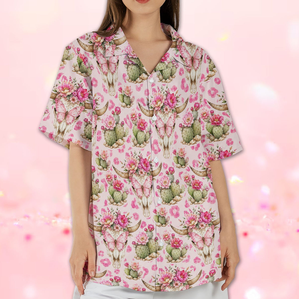 Lifestyle view of the floral hawaiian shirt with boho skull print