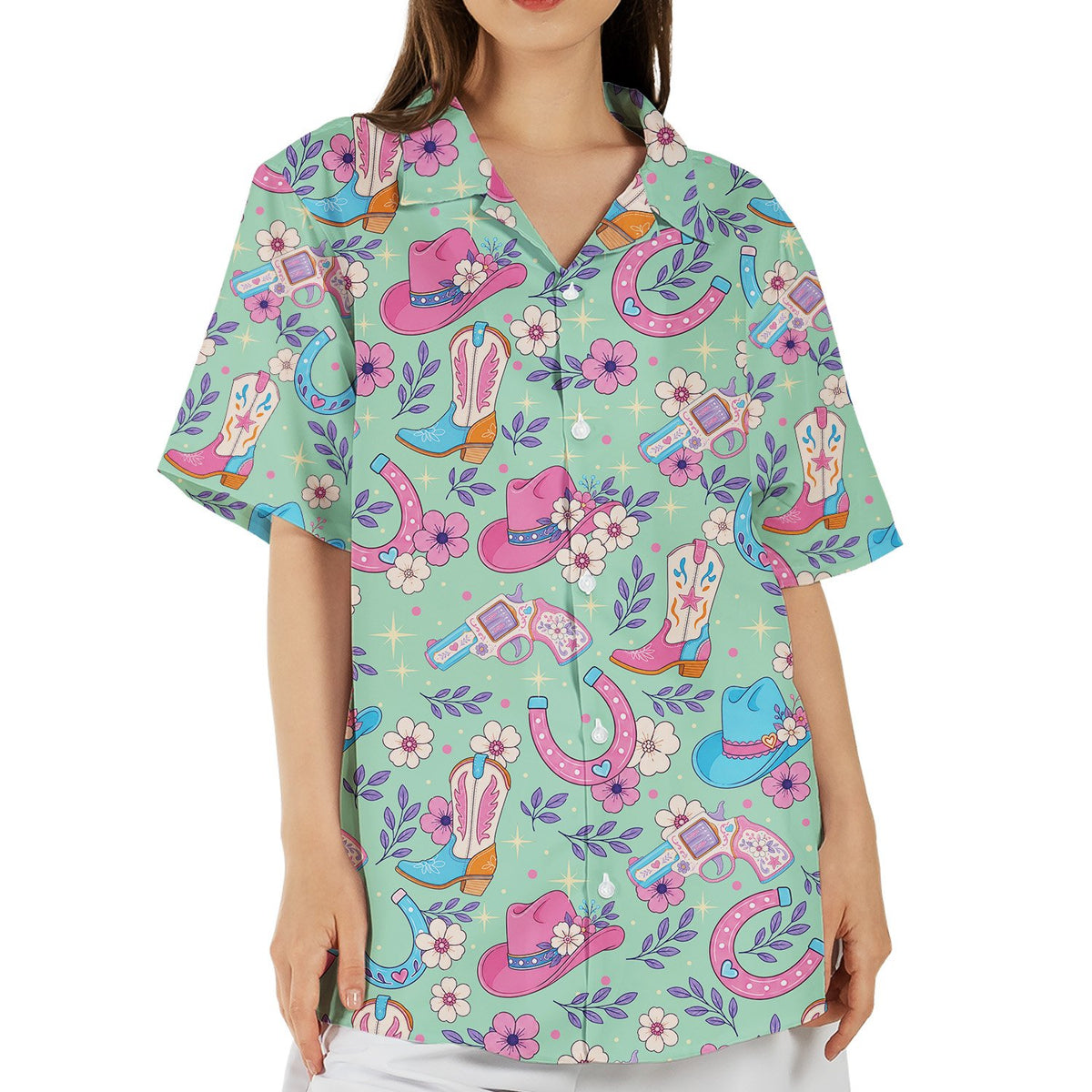 Lifestyle view of people wearing the western floral hawaiian shirt