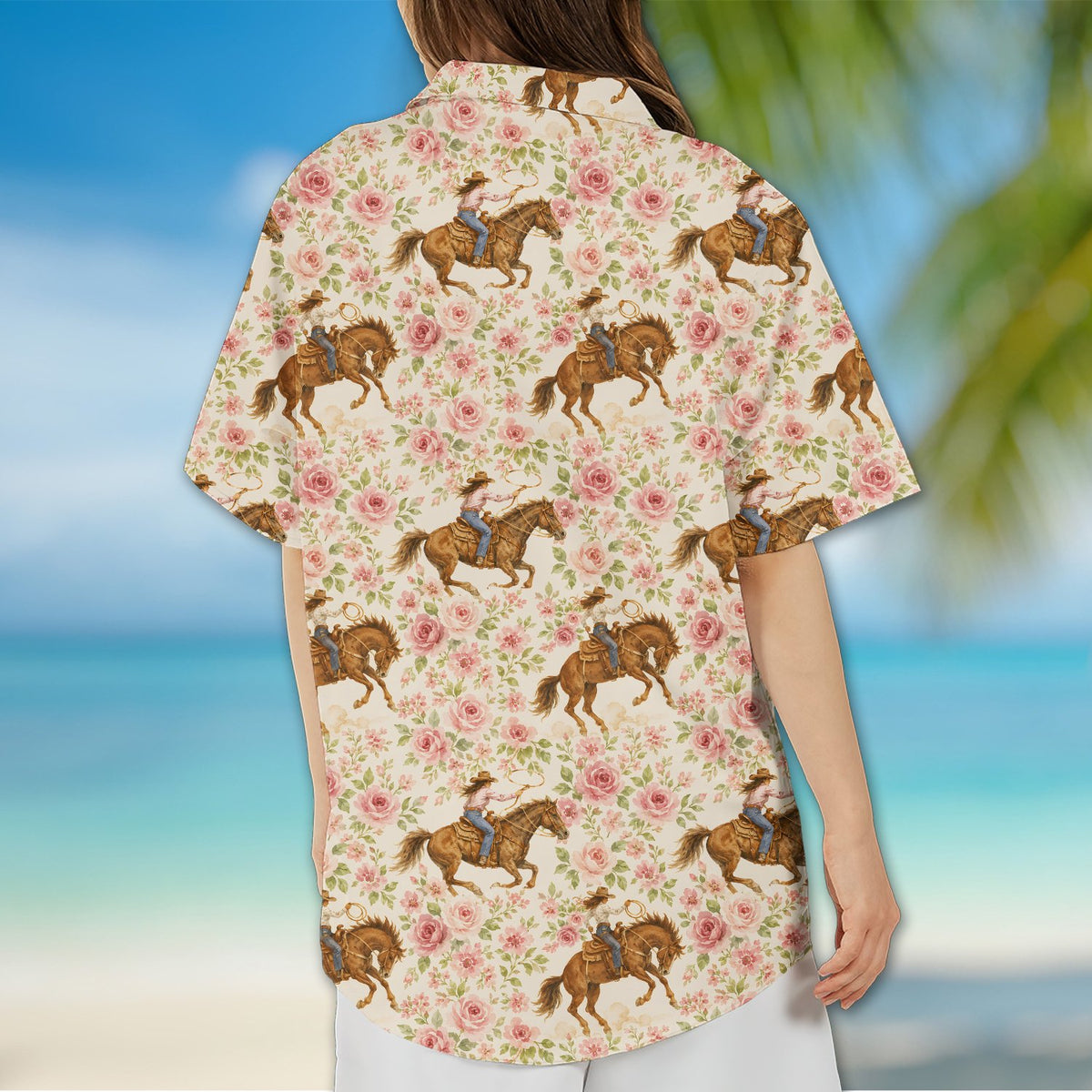 Lifestyle image of the western floral hawaiian shirt being worn