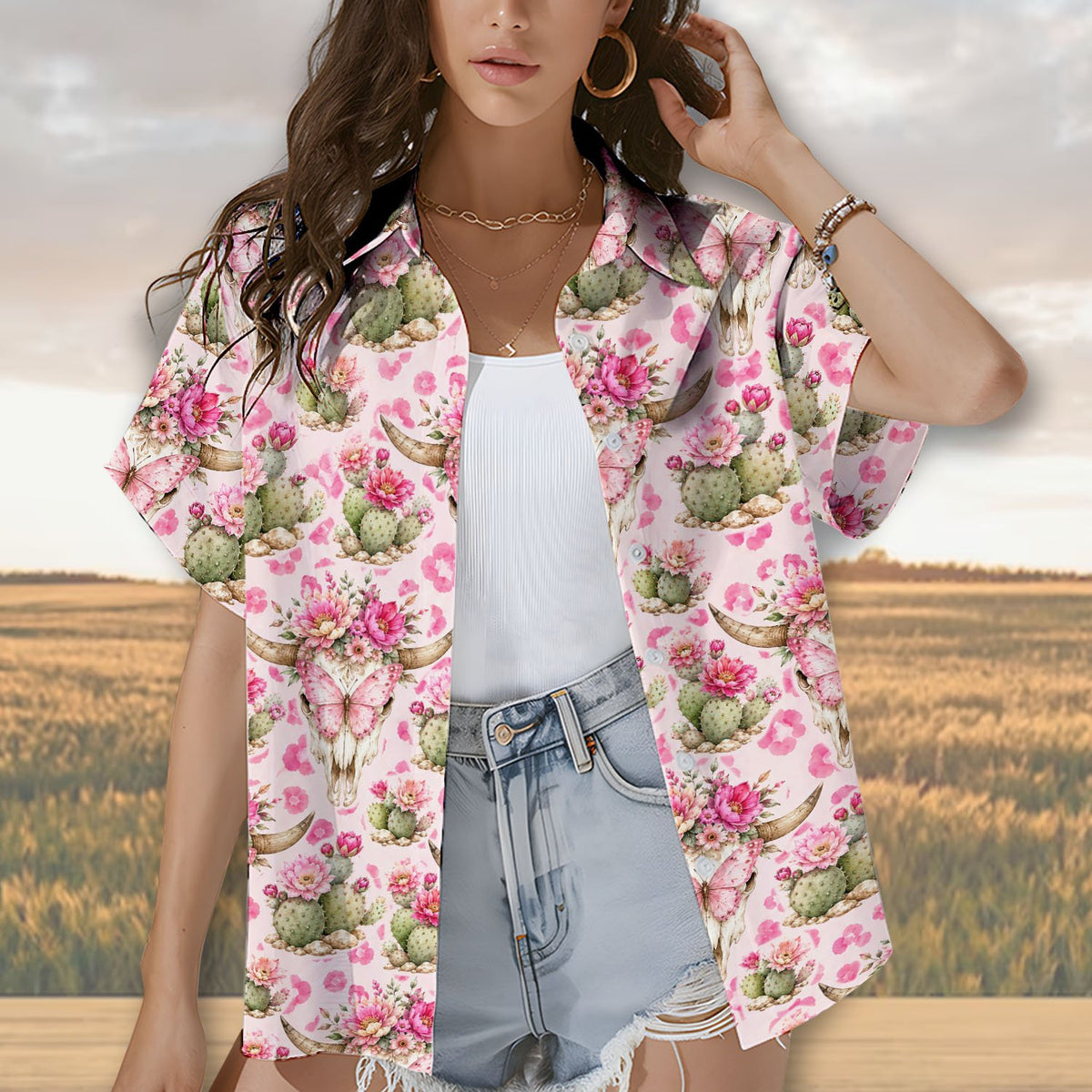 Family wearing matching pink western hawaiian shirts outdoors