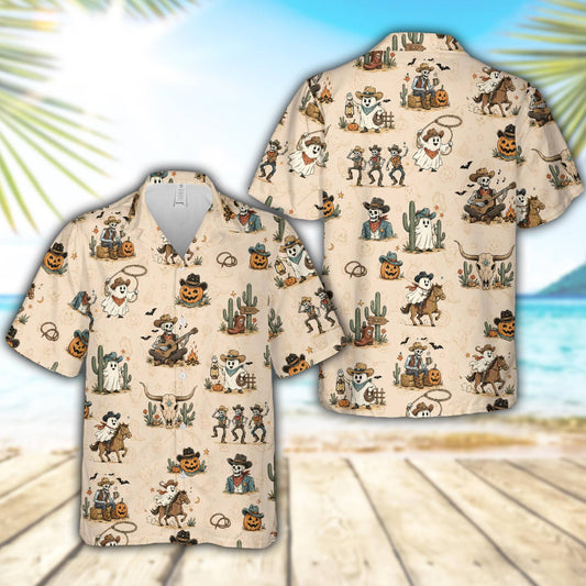 Western halloween hawaiian shirt with cowboy ghosts and skeletons on a beige background, main view