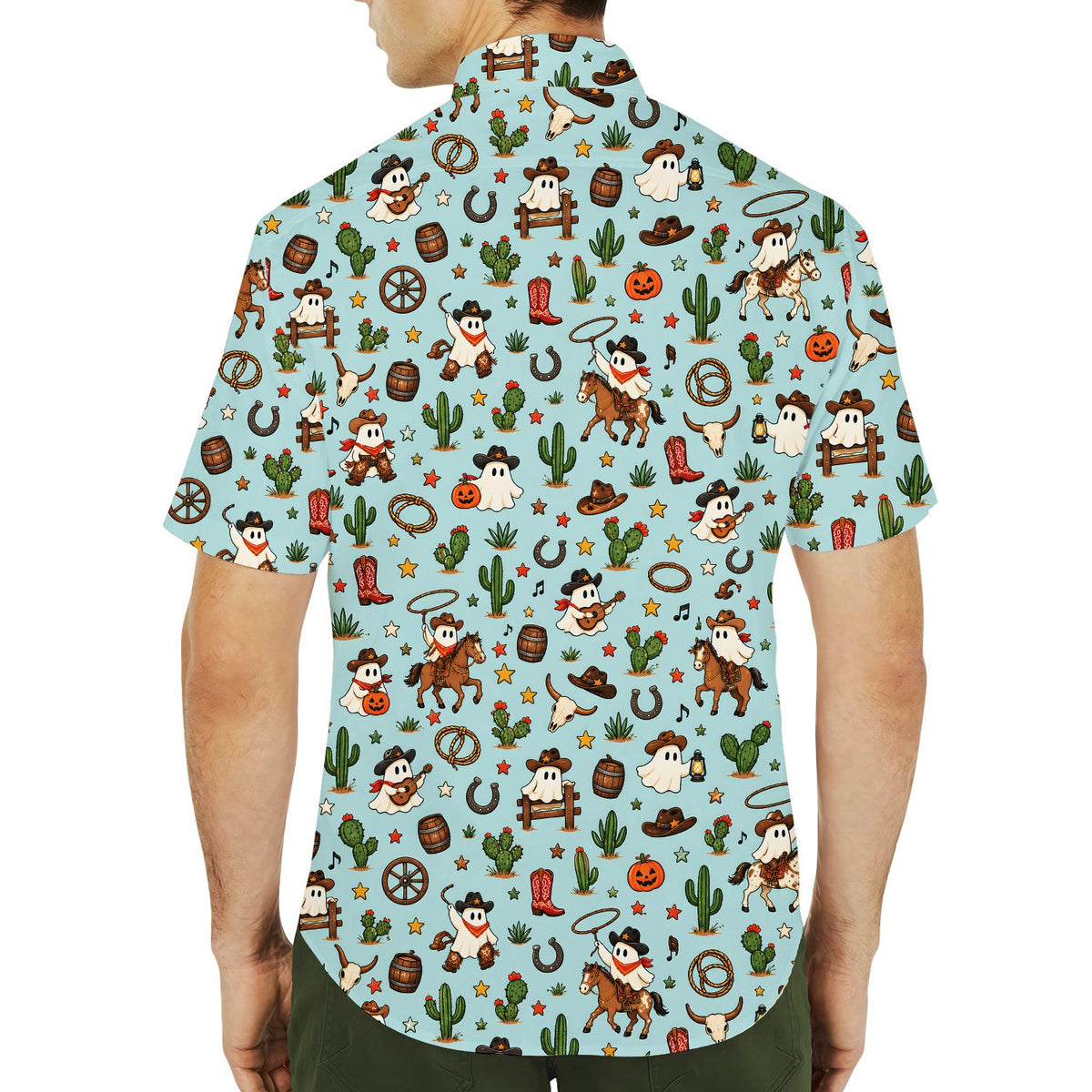 Detailed front look of the western halloween hawaiian shirt