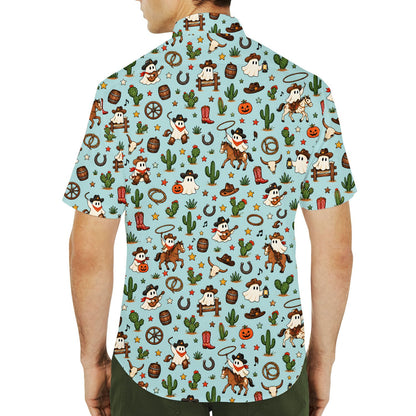 Detailed front look of the western halloween hawaiian shirt