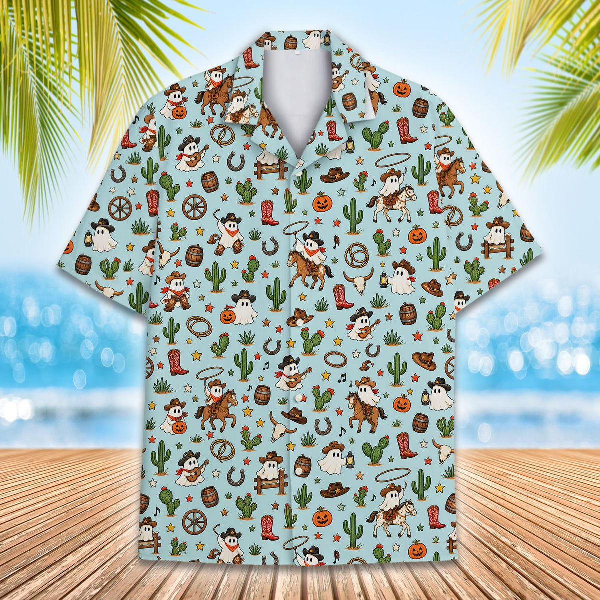 Close-up of the light blue button-down shirt with western motifs