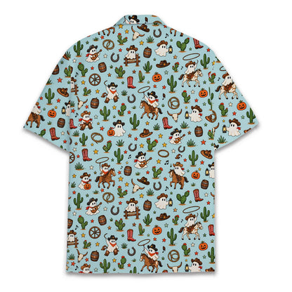 Front angle of the blue western hawaiian shirt