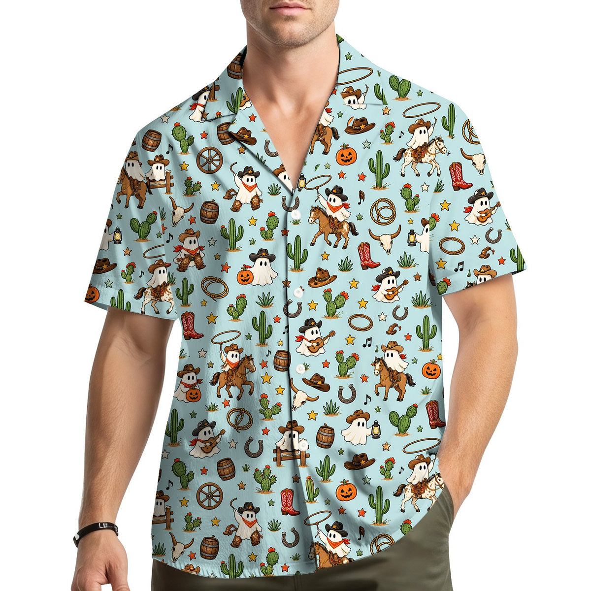 Matching family hawaiian shirts in western halloween design, front view