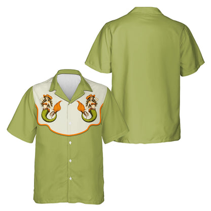 Western mermaid hawaiian shirt in olive green, main view