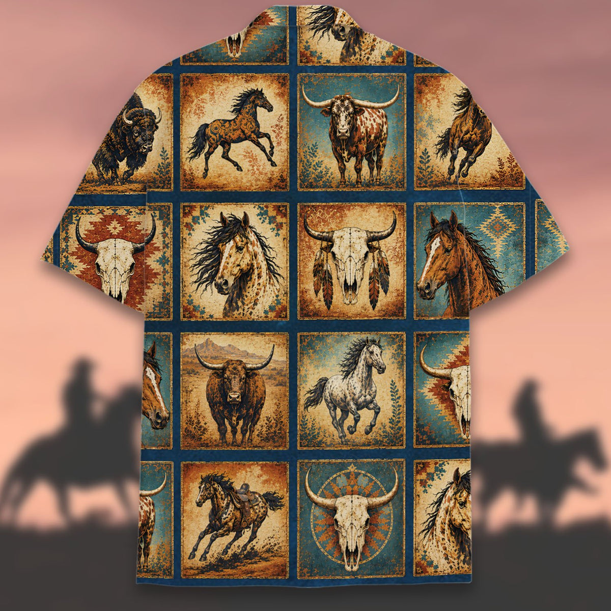 Additional back view of the western motif hawaiian shirt