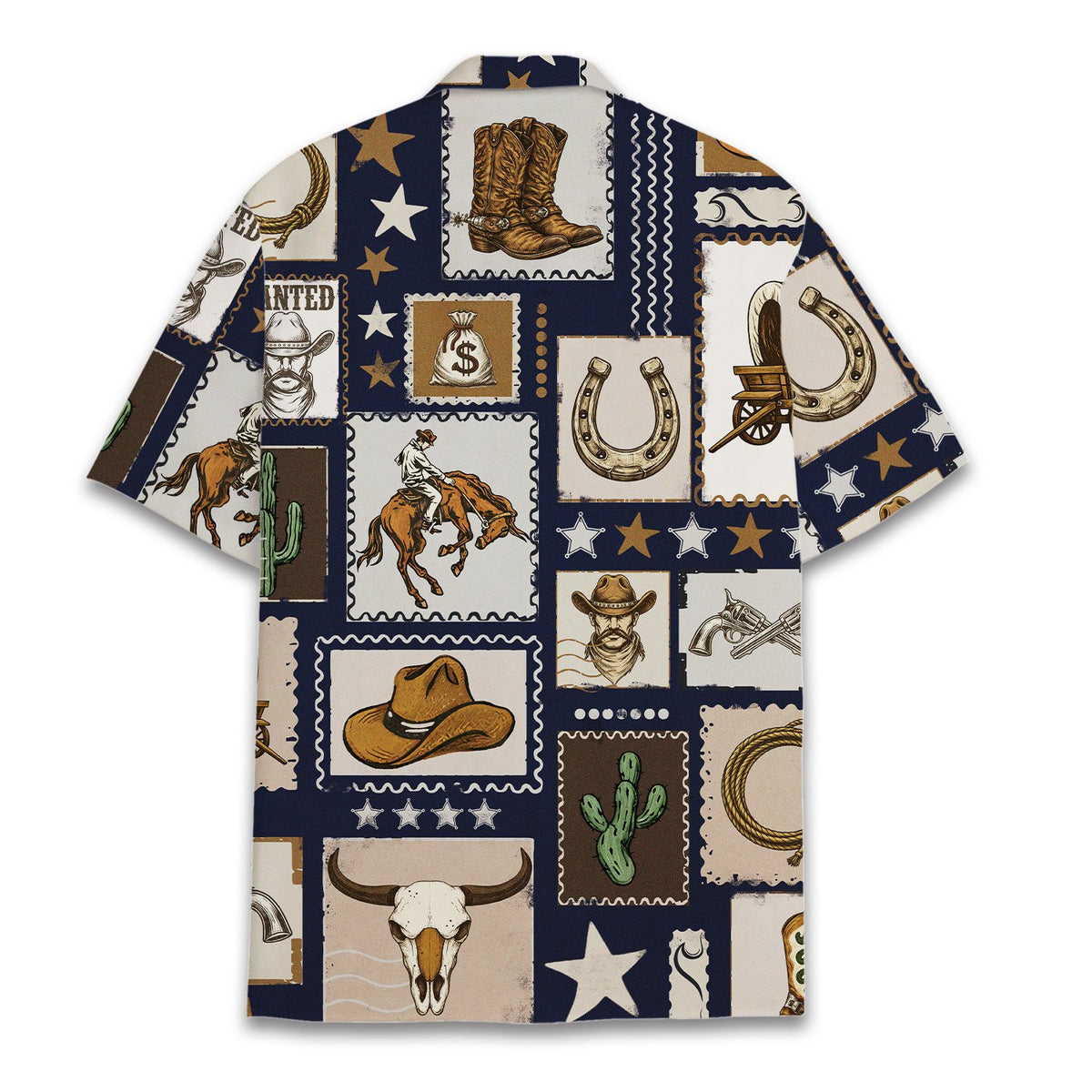 Back view of the navy western hawaiian shirt