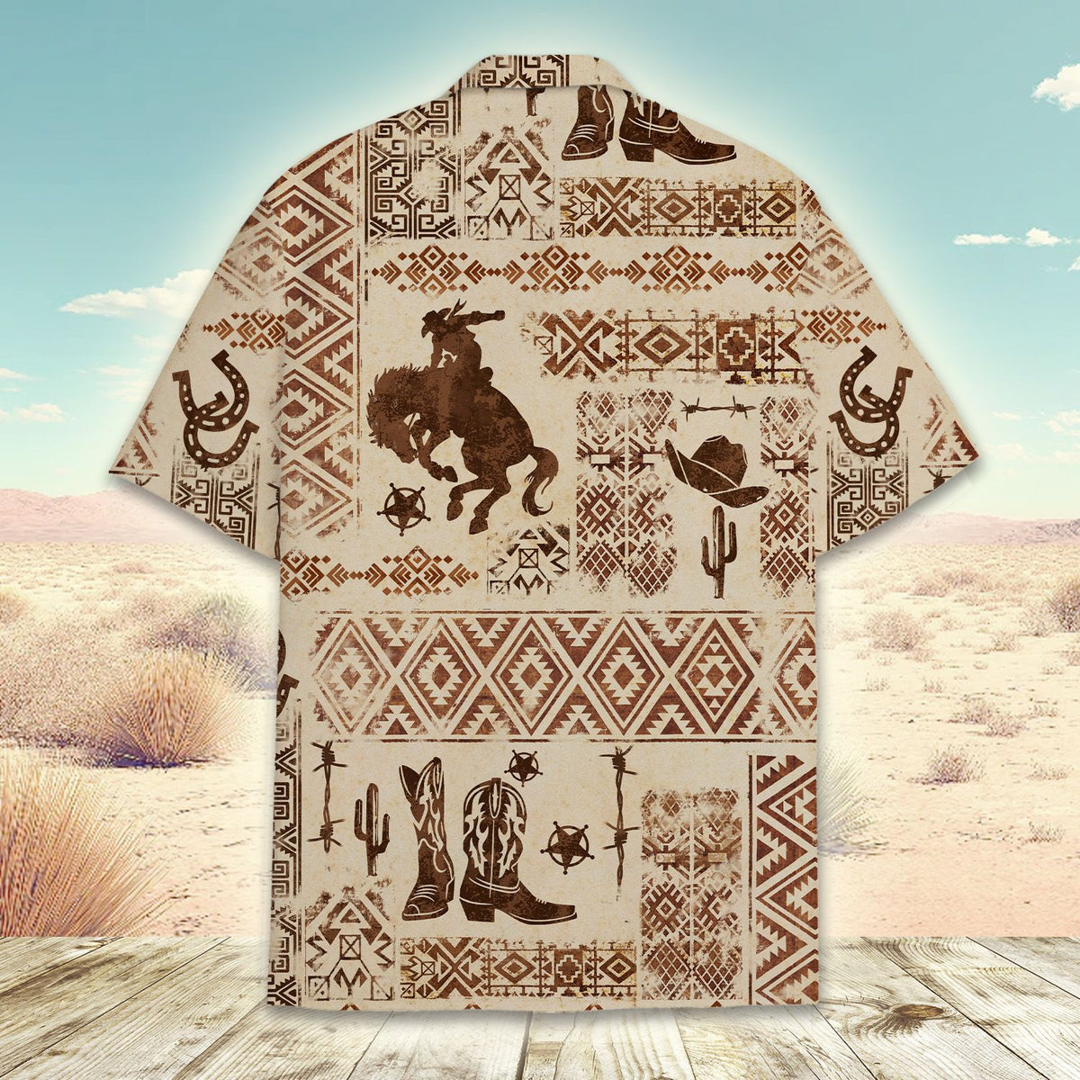 Back view of the matching family western hawaiian shirt in beige and brown