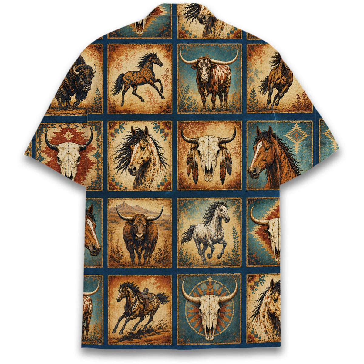 Back view of the blue western hawaiian shirt