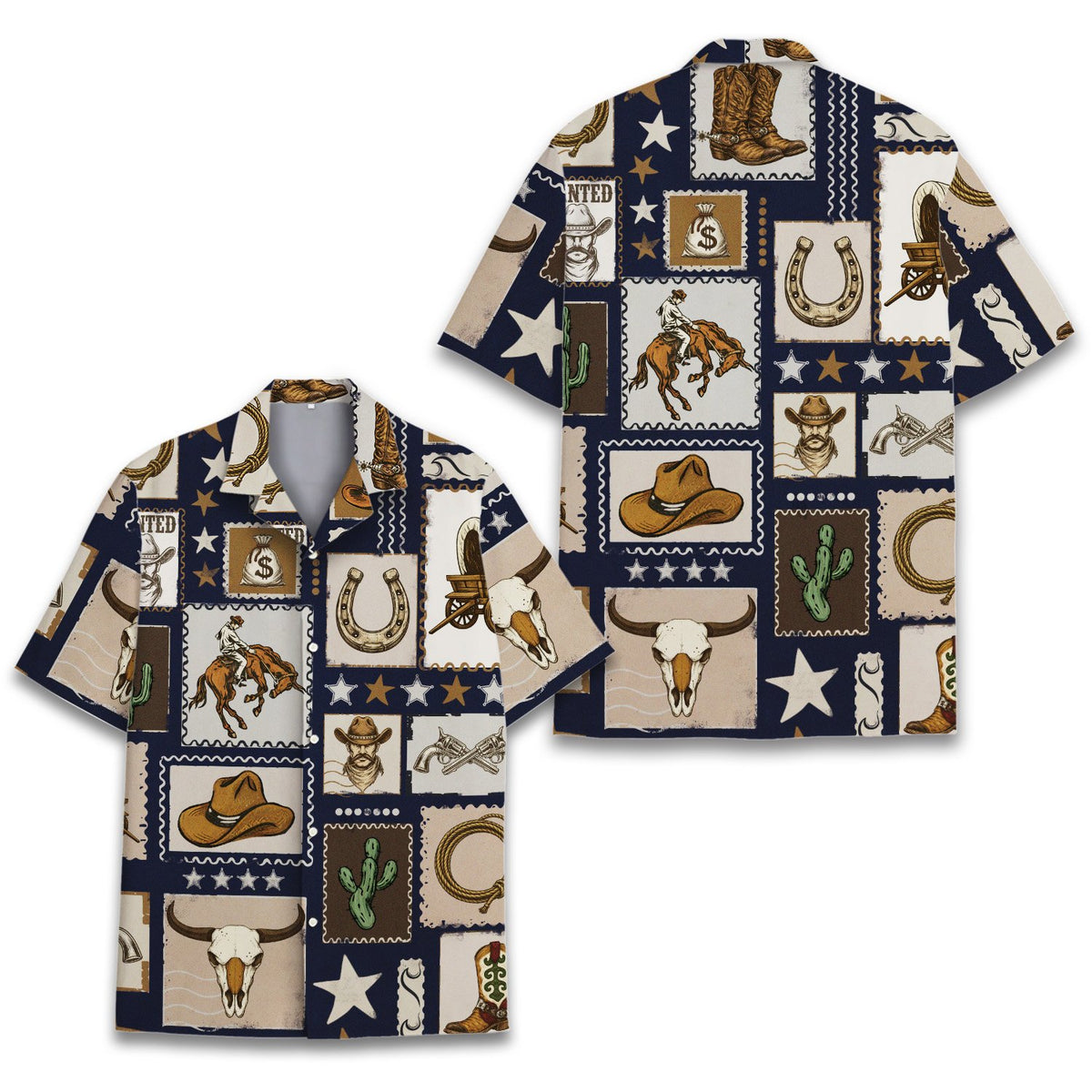 Additional front angle of the vintage western stamp hawaiian shirt
