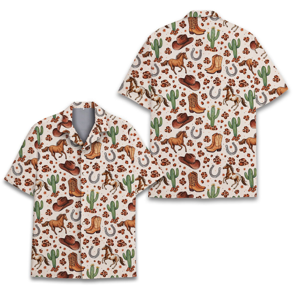 Front view of the beige western hawaiian shirt