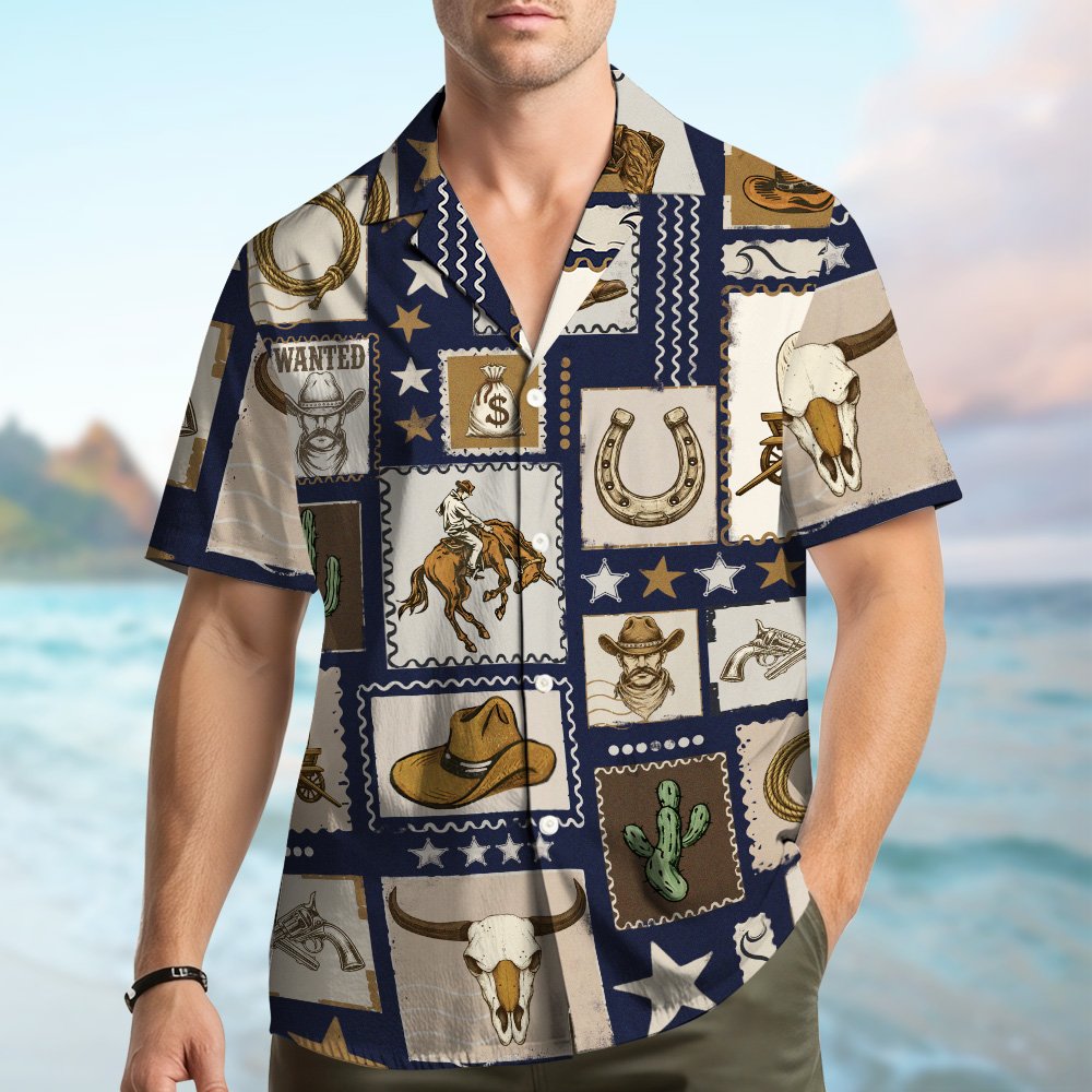 Main view of the navy western hawaiian shirt with vintage stamp pattern