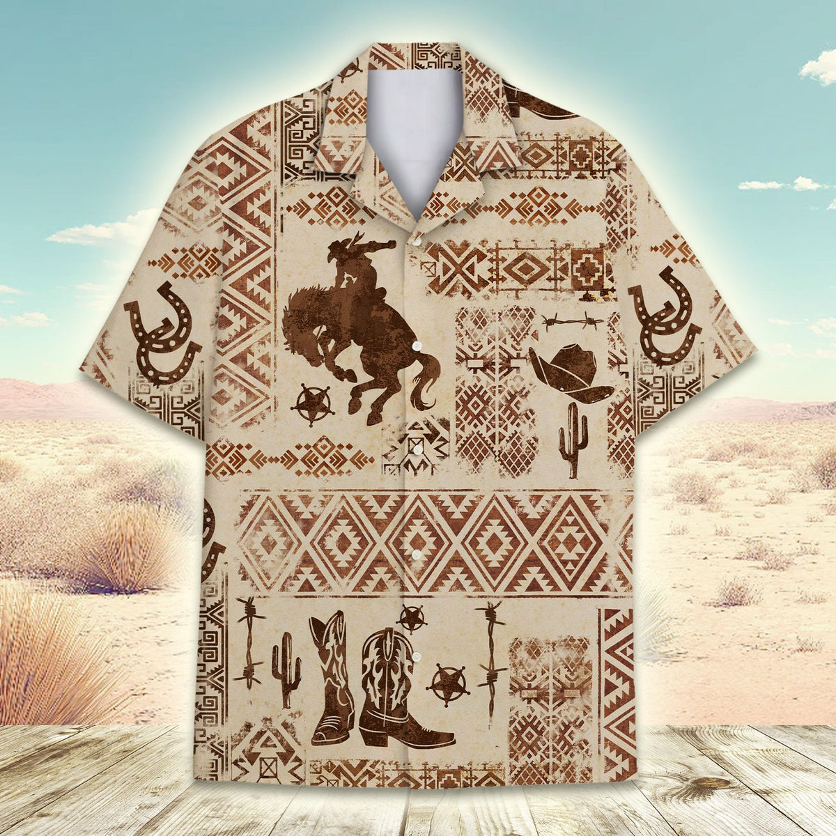 Matching family western hawaiian shirt featuring brown horses and hats on a beige background, main view