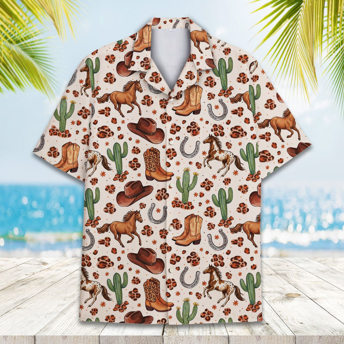 Close-up of the western print on the hawaiian shirt